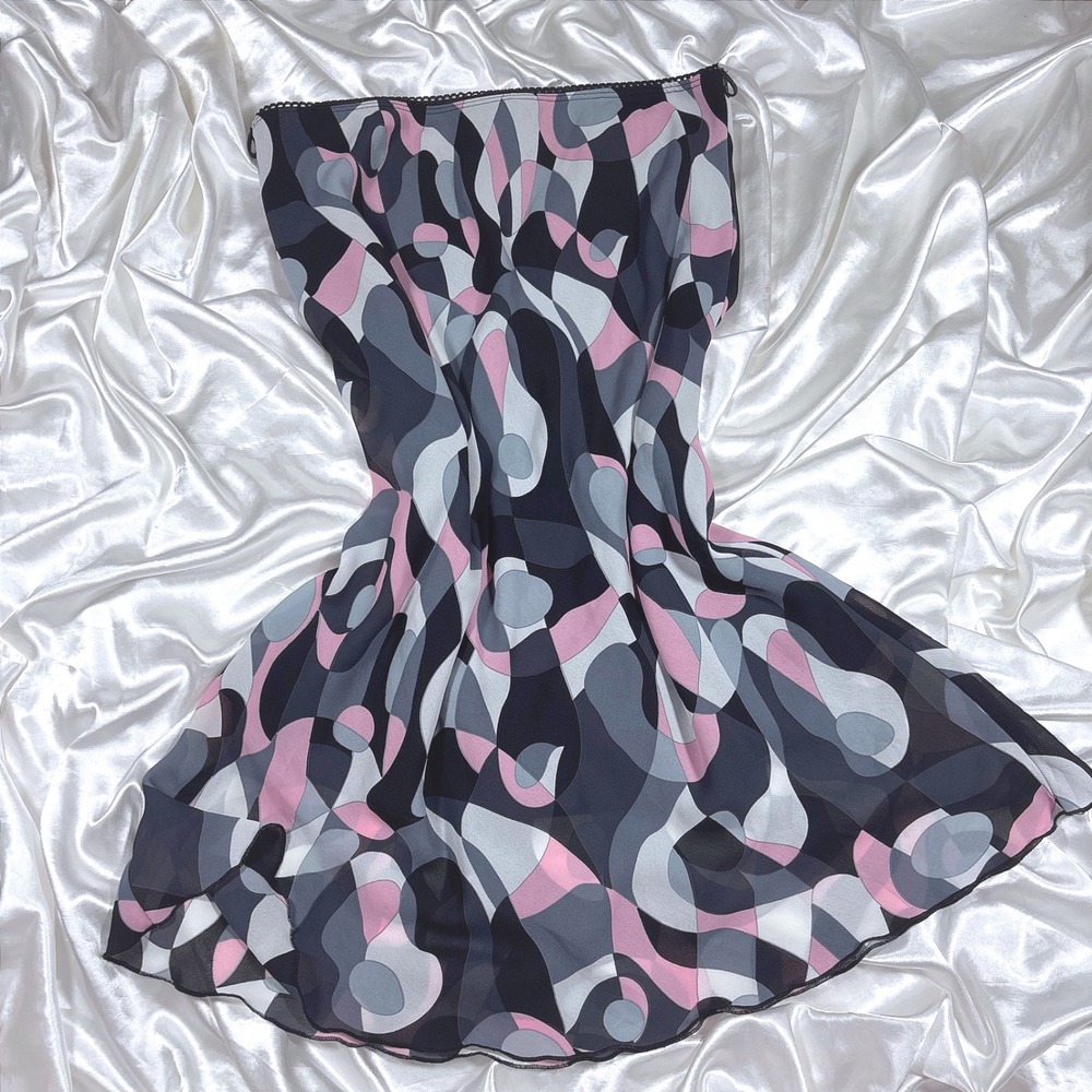 y2k midi skirt Pink Black Excellent Abstract Geometric Print Strapless Mini